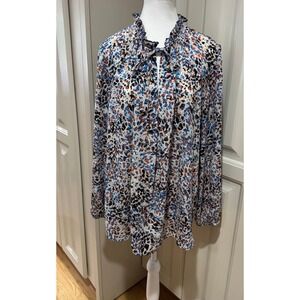 Anne Klein Abstract Print Blouse Ruffle Neck Long Sleeve Lightweight Top Size XL